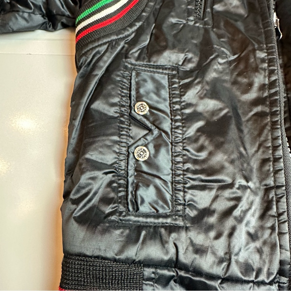 Y2K Moto Puffer Jacket | Kids Racing Stripe Embroidered Black Nylon Coat 3T-4T - Picture 8 of 11